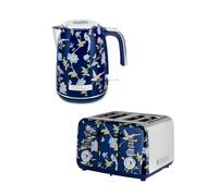 Laura Ashley Elveden Navy 1.7L Electric Kettle and Toaster Sets 4 slice - Energy Efficient Fast Boil Stainless Steel Kettle - Wide Slot Toaster 4 Slice with Defrost, 7 Browning Settings & Warming Rack