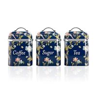 Laura Ashley Tea Coffee and Sugar Canisters Set of 3 by VQ - Food Grade Metal Tea Sugar and Coffee Containers Set with Removable Lids - Printed Storage Jars & Kitchen Canisters - Elveden Navy