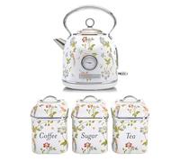 Laura Ashley Elveden White Electric Kettle 1.7L & Tea Coffee Sugar Canisters Set of 3 - Energy Saving Fast Boil Kettle with Removable Filter - Stainless Steel Tea Sugar and Coffee Containers Set
