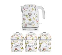 Laura Ashley Elveden White Electric Kettle & Tea Coffee Sugar Canisters Set | 1.7L Cordless Fast Boil Kettle, Water Level Indicator, Limescale Filter, Food Grade Metal Airtight Tea Coffee Sugar Canisters