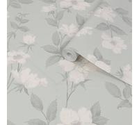 Laura Ashley Fleurir Smoke Green Floral Smooth Wallpaper Sample