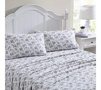 Laura Ashley Home - King Sheets, Cotton Flannel Bedding Set, Brushed for Extra Softness & Comfort (Black Faye Toile, 4 pcs, King)