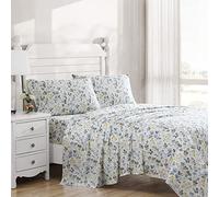 Laura Ashley Home - Queen Sheets, Soft Sateen Cotton Bedding Set - Sleek, Smooth, & Breathable Home Decor (Meadow Floral Blue,4pcs, Queen)