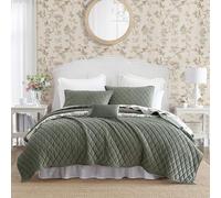 Laura Ashley - King Quilt Set, Solid Velvet Reversible Bedding, All Season Home Decor with Shams & Bonus Pillow Cover (Diamond Stitch Dark Green, King)