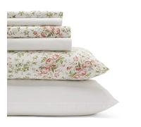 Laura Ashley - King Sheets, Cotton Percale 6-Piece Bedding Set, Crisp & Cool Home Decor (Marissa Coral, King)