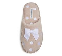 Laura Ashley Ladies Embroidered Soft Terry Scuff Slipper, Tan, Small