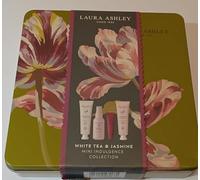 Laura-Ashley London White Tea and Jasmine Mini Indulgence Collection Gift Set, Decorative Tin, Hand and Nail Cream, Body Mist, Lip Balm, Body Lotion