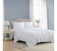 Laura Ashley - Queen Sheet Set, Breathable Percale Cotton Bedding with Matching Pillowcases, 200 Thread Count, Deep Pocket, Chic Room Essentials (Floral Ribbon Blue, Queen)