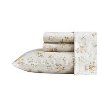 Laura Ashley - Queen Sheets, Soft Sateen Cotton Bedding Set, Sleek, Smooth, & Breathable Home Decor (Little Darlings Beige, Queen)