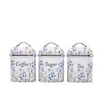 Laura Ashley Tea Coffee and Sugar Canisters Set of 3 by VQ - Food Grade Metal Tea Sugar and Coffee Containers Set with Removable Lids - Printed Storage Jars & Kitchen Canisters - Elveden Navy