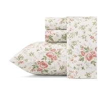 Laura Ashley Soft Sateen Cotton Bedding Set-Sleek, Smooth, & Breathable Home Decor, Lilian Coral, Queen