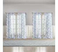 Laura Ashley Summer Palace Window Curtains with Rod Pocket, 84-inch Length, 4 Panels Set, Sheer Light Filtering, Blue