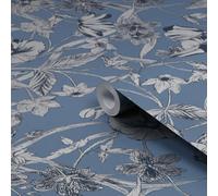 Laura Ashley Summerhill Midnight Blue Floral Smooth Wallpaper