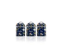 VQ Laura Ashley Tea Coffee and Sugar Canisters Set of 3 Stainless Steel Tea Sugar and Coffee Containers Set with Removable Lids - Printed Storage Jars & Kitchen Canisters - Elveden Navy