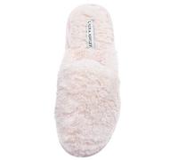 Laura Ashley Womens Plush Faux Rabbit Fur One Band Memory Foam Slide Slippers, Warm Fuzzy Fluffy Open Toe Slides, Pink, M