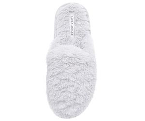 Laura Ashley Womens Plush Faux Rabbit Fur One Band Memory Foam Slide Slippers, Warm Fuzzy Fluffy Open Toe Slides, Light Grey, M