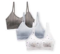 Laura Ashley Women's Pointelle and Lace Bralette Set, Seamless Wirefree Padded Bralettes, 3-Pack, Blue Ditsy/Skylight Grey/Md Heather Grey, M