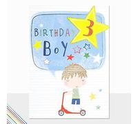Laura Darrington 3rd Birthday Card for Boy, Scooter & Star Design, Age 3