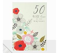 Laura Darrington 50th Birthday Card, Modern Floral Design, With Love Message, Blank Inside, Quality Card Stock with Envelope