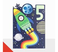 Laura Darrington Age 5 Birthday Card, Rocket & Rainbow Space Design, Kids 5th Birthday, Blank Inside