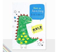 Laura Darrington Kids Birthday Card, Dinosaur Roar Design, Blank Inside