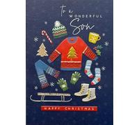 Laura Darrington To a Wonderful Son Christmas Card, Festive Winter Clothing Design with Jumper and Accessories