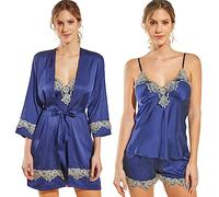 Laura Lily Women's Satin Silk Pyjamas, Solid Colour with Lace, 5-Piece Set, Kimono Robe, Top, Nightgown, Shorts and Long Trousers, navy, L