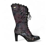 Laura Vita Women’s Alcbane 0351 Gothic Victorian Lace-Up Floral Violet Leather Heeled Boots - Mid-Calf Vintage Lace Trim High Stiletto Heel