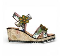 Laura Vita Womens Ballon 08 Beige Floral Leather Wedge Espadrille Sandals - Size EU 37