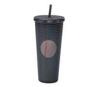 LAURAG 710ML/24OZ Large Capacity Water Cup Fully Studded Matte Tumbler Reusable Plastic Cup with Wide Opening Leak-Proof Lid Straw (Transparent Black)