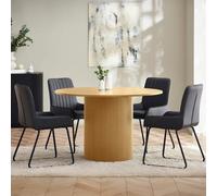 laurel light oak wooden round dining table with 4 sakaye black chairs