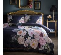 Laurence Llewelyn-Bowen Bouquet List Navy Duvet Cover Set King - Floral Piping Trim Bedding - Breathable Cotton - Includes 1 Duvet Cover (220 x 230cm) & 2 Pillowcases - Navy Floral Bedroom Set