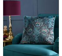 Laurence Llewelyn-Bowen - Teal Blue Peacock Cushion - 55 x 55cm - Reversible Designs - Filling Included - Piped Edge - Peacock Feather - Luxury Jacquard Cushion