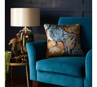 Laurence Llewelyn-Bowen Velvet Cushion - Ochre & Navy Damask Floral Design, 43x43cm - Reversible with Piped Edge - Filled Decorative Cushion - Down the Dilly Collection