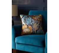 Laurence Llewelyn-Bowen Velvet Cushion - Ochre & Navy Damask Floral Design, 43x43cm - Reversible with Piped Edge - Filled Decorative Cushion - Down the Dilly Collection