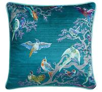 Laurence Llewelyn-Bowen Teal Velvet Scatter - 43x43cm Filled Decorative Pillow - Bird Print Design - Piped Edge - Soft Accent for Sofa or Bed - Birdity Absurdity Collection