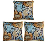Laurence Llewelyn-Bowen Velvet Cushion - Ochre & Navy Damask Floral Design, 43x43cm - Reversible with Piped Edge - Filled Decorative Cushion - Down the Dilly Collection (Pack of 3)