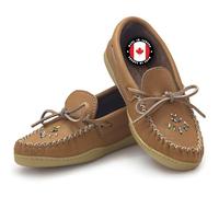 Laurentian Chief Moccasin Leather Moccasins Women with 8-Hole Kabir Collar & Natural Rubber Sole, Leather Beaded Womens Leather Moccasins, Comfortable Stylish Indoor & Outdoor Slippers, Cork, 5 UK