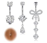 LAURITAMI 14G Dangle Belly Button Rings - Surgical Steel Silver and Rose Gold CZ Piercing Jewelry for Women, 16G US, Stainless Steel, cubic zirconia