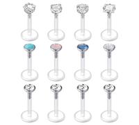LAURITAMI 16G Labret Piercing Jewellery Flat Back Lip Bar/Stud Retainer, 6mm/8mm Clear Plastic Bar, 3mm/2.5mm White CZ Opal Push-In Tops,Clear Earrings Tragus Stud for Work School MRI Surgery