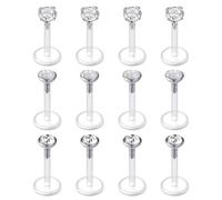 LAURITAMI 16G Labret Piercing Jewellery Flat Back Lip Bar/Stud Retainer, 6mm/8mm Clear Plastic Bar, 3mm/2.5mm White CZ Opal Push-In Tops,Clear Earrings Tragus Stud for Work School MRI Surgery