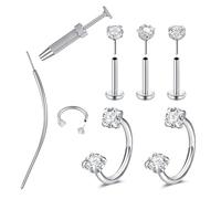 LAURITAMI 20G Push in Horseshoe Nose Ring Flat Back Earrings with Piercing Taper Nose Studs Tragus Cartilage Earring for Women Men, One Size, Stainless Steel, cubic zirconia