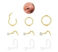 LAURITAMI 316L Hinged Nose Ring Gold 8mm 10mm 12mm,Stainless Steel & Clear Nose Stud Screw Shaped Nosepiercing for Women Men,Pack of 9 Pieces