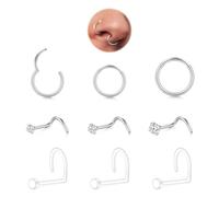 LAURITAMI 316L Hinged Nose Ring Silver 8mm 10mm 12mm,Stainless Steel & Clear Nose Stud Screw Shaped Nosepiercing for Women Men,Pack of 9 Pieces