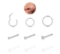 LAURITAMI 316L Hinged Nose Ring Silver 8mm 10mm 12mm,Stainless Steel & Clear Nose Stud Straight Shaped Nosepiercing for Women Men,Pack of 9 Pieces