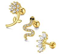 LAURITAMI 3pcs Curved Cartilage Earring Helix Climber Stud Surgical Steel 6mm Bar 1.2mm Tragus Piercing Jewellery Snake Flower Diamond