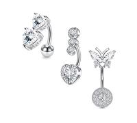 LAURITAMI 3pcs Silver Belly Button Bar Reverse Clear CZ Opal Dangle Heart Butterfly Snake 14G 10mm Belly Rings Piercing Jewellery Surgical Steel