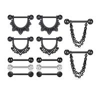 LAURITAMI 6 Pairs Nipple Rings Set Straight Barbell 14mm 14G Nipple Shield Surgical Steel Chain CZ Body Piercing Jewellery