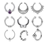 LAURITAMI 9pcs Fake Silver Septum Clip Nose Rings Set Surgical Steel Non Piercing Ear Cuff Diamond Jewellery