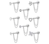 LAURITAMI Flat Back Earrings with Chain,20G Push in Stud Earrings for Women Men Stainless Steel Tragus Earring Silver Push in Flat Back Stud Earrings, One Size, Stainless Steel, cubic zirconia